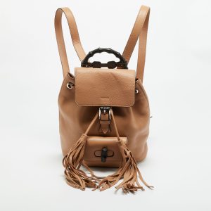 Gucci Bamboo Tassel Beige Leather Drawstring Backpack, Backpacks - Luxury Closet