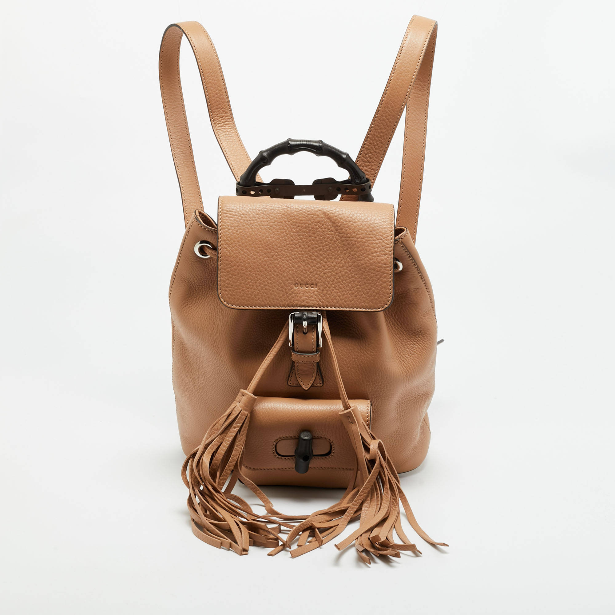 Gucci Bamboo Tassel Beige Leather Drawstring Backpack, Backpacks - Luxury Closet