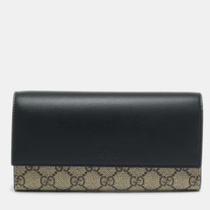 Gucci Beige/Black GG Supreme Canvas and Leather Continental Wallet, Wallets & Money Clips - Luxury Closet