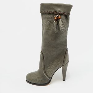 Gucci Size 38 Grey Leather Bamboo Tassel Ankle Length Boots, Boots - Luxury Closet