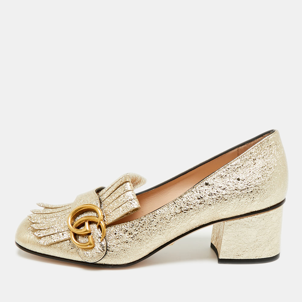 Gucci GG Marmont Size 37 Gold Foil Leather Fringe Block Heel Pumps, Pumps - Luxury Closet