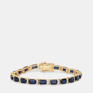 12.18 cts Blue Sapphire and Diamond 14K Yellow Gold Tennis Bracelet, Bracelets - Luxury Closet