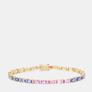 10.19 cts Multi Sapphire and Diamond 14K Yellow Gold Tennis Bracelet 7.25 Inches, Bracelets - Luxury Closet