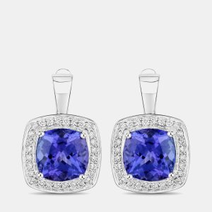 5.50 cts Tanzanite and Diamond 14K White Gold Halo Earrings, Earrings - Luxury Closet