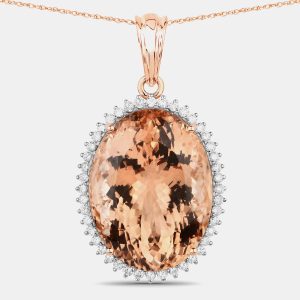 21.57 cts Morganite and Diamond 14K Rose Gold Halo Pendant, Necklaces - Luxury Closet