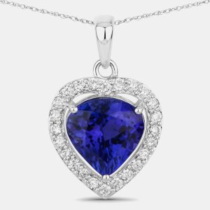 3.40 cts Tanzanite and Diamond 14K White Gold Heart Shape Pendant, Necklaces - Luxury Closet