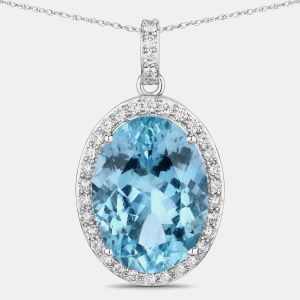 9.11 cts Aquamarine and Diamond 14K White Gold Halo Pendant, Necklaces - Luxury Closet