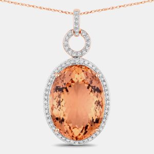 25.13 cts Morganite and Diamond 14K Rose Gold Halo Pendant, Necklaces - Luxury Closet