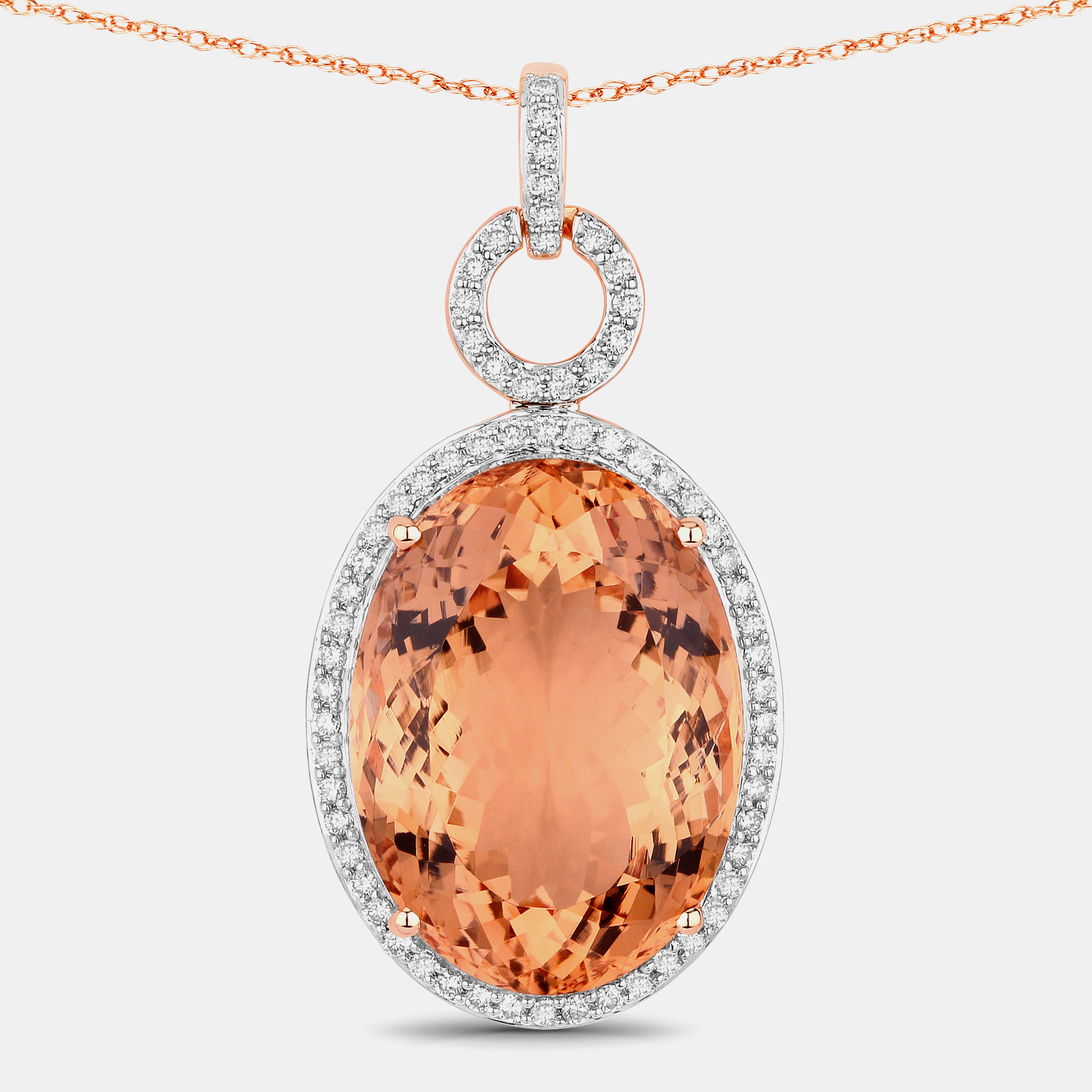 25.13 cts Morganite and Diamond 14K Rose Gold Halo Pendant, Necklaces - Luxury Closet