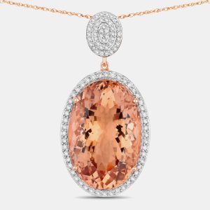 23.83 cts Morganite and Diamond 14K Rose Gold Halo Pendant, Necklaces - Luxury Closet