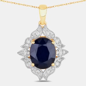 6.21 cts Blue Sapphire and Diamond 14K Yellow Gold Statement Pendant, Necklaces - Luxury Closet