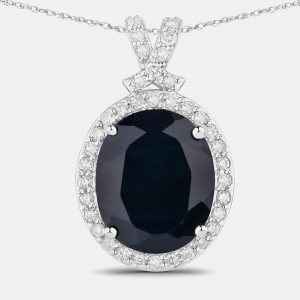 6.21 cts Blue Sapphire and Diamond 14K White Gold Halo Pendant, Necklaces - Luxury Closet