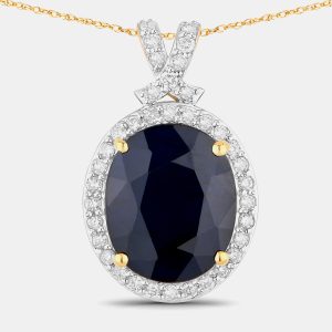 6.21 cts Blue Sapphire and Diamond 14K Yellow Gold Halo Pendant, Necklaces - Luxury Closet