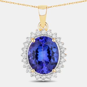 4.34 cts Tanzanite and Diamond 14K Yellow Gold Halo Pendant, Necklaces - Luxury Closet