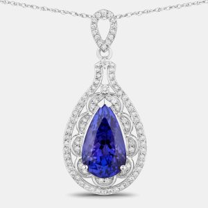 6.17 cts Tanzanite and Diamond 14K White Gold Teardrop Pendant, Necklaces - Luxury Closet