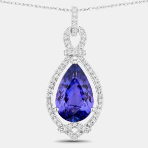 6.52 cts Tanzanite and Diamond 14K White Gold Teardrop Pendant, Necklaces - Luxury Closet