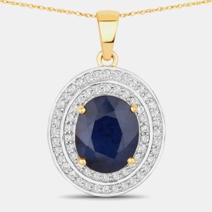 4.32 cts Blue Sapphire and Diamond 14K Yellow Gold Halo Pendant, Necklaces - Luxury Closet