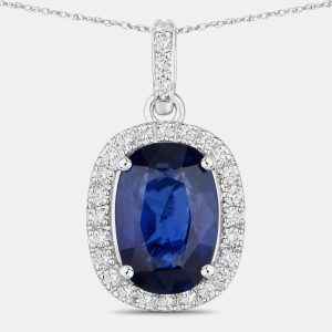 2.83 cts Ceylon Blue Sapphire and Diamond 18K White Gold Halo Pendant, Necklaces - Luxury Closet