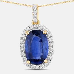 2.06 cts Ceylon Blue Sapphire and Diamond 18K Yellow Gold Halo Pendant, Necklaces - Luxury Closet