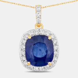 2.96 cts Ceylon Blue Sapphire and Diamond 18K Yellow Gold Halo Pendant, Necklaces - Luxury Closet