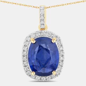 3.67 cts Ceylon Blue Sapphire and Diamond 18K Yellow Gold Halo Pendant, Necklaces - Luxury Closet