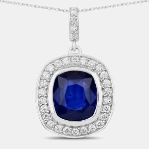 2.66 cts Ceylon Blue Sapphire and Diamond 18K White Gold Halo Pendant, Necklaces - Luxury Closet
