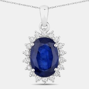4.23 cts Ceylon Blue Sapphire and Diamond 18K White Gold Halo Pendant, Necklaces - Luxury Closet