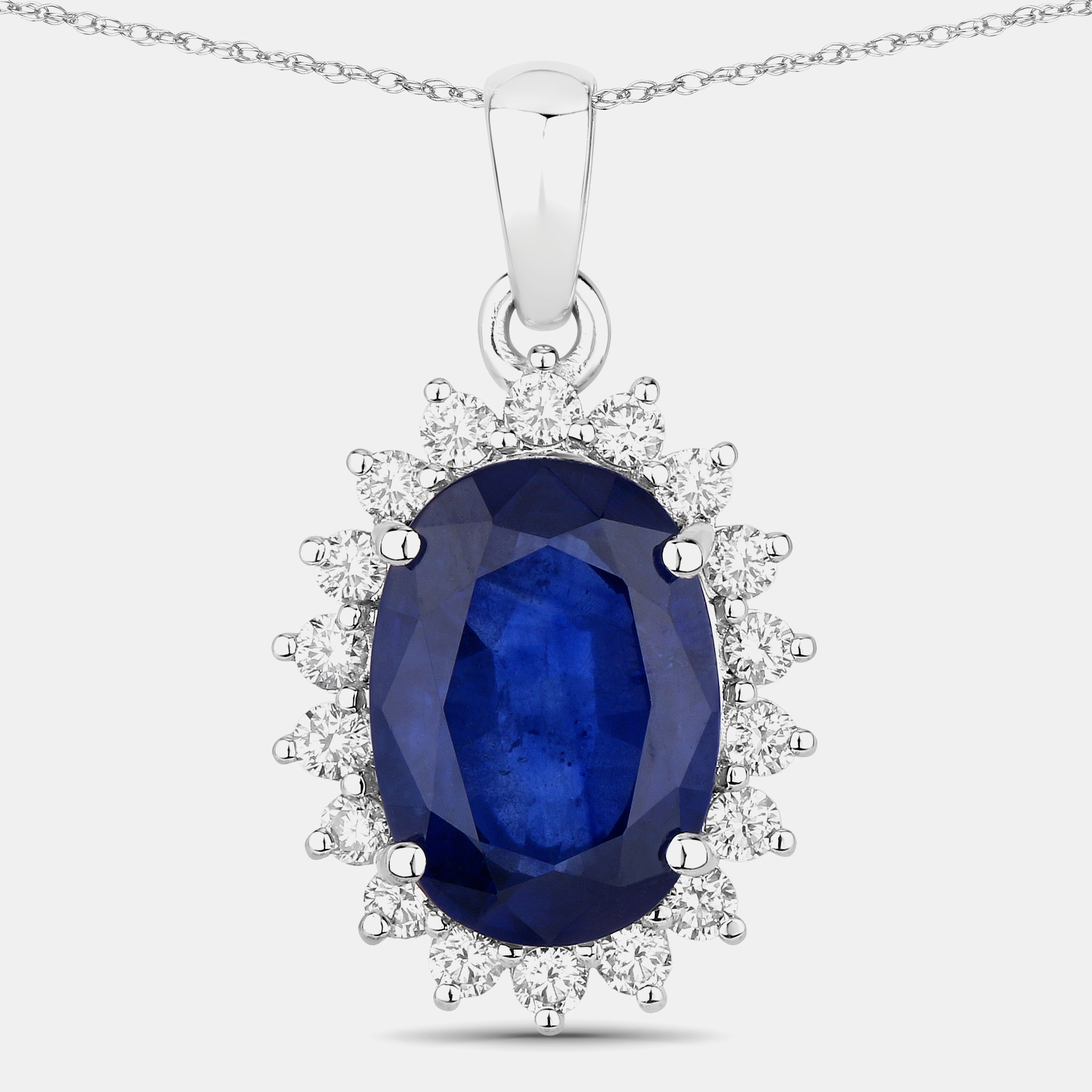 4.23 cts Ceylon Blue Sapphire and Diamond 18K White Gold Halo Pendant, Necklaces - Luxury Closet