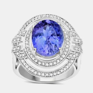6.22 cts Tanzanite and Diamond 14K White Gold Halo Ring US Size 7, Rings - Luxury Closet
