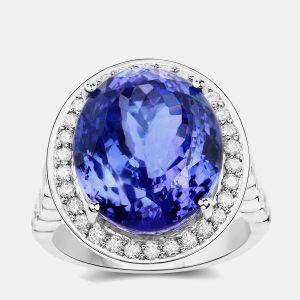 17.60 cts Tanzanite and Diamond 18K White Gold Halo Ring US Size 8, Rings - Luxury Closet
