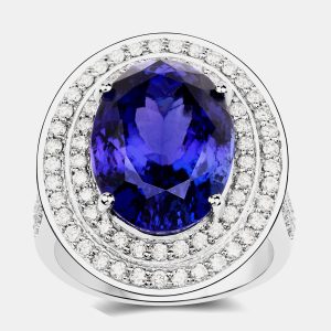 12.53 cts Tanzanite and Diamond 18K White Gold Halo Ring US Size 8, Rings - Luxury Closet