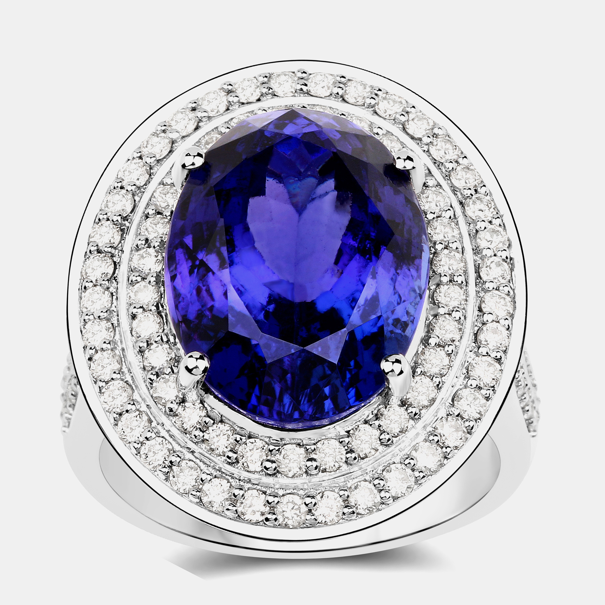 12.53 cts Tanzanite and Diamond 18K White Gold Halo Ring US Size 8, Rings - Luxury Closet