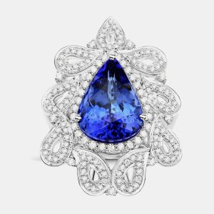 10.43 cts Tanzanite and Diamond 18K White Gold Halo Ring US Size 8, Rings - Luxury Closet