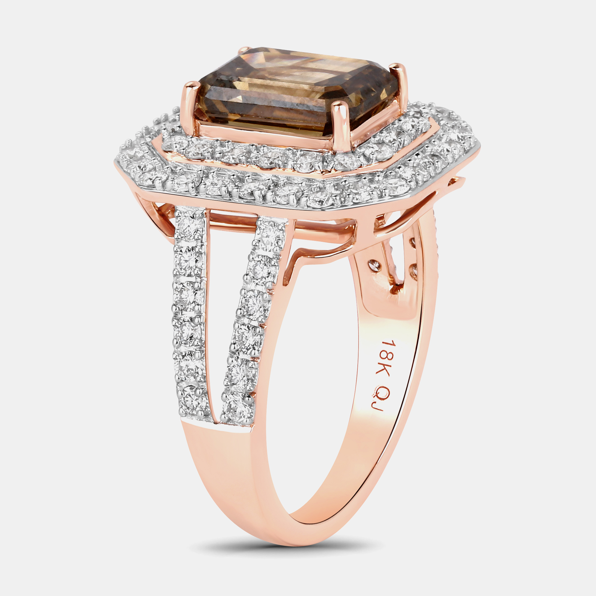 3.01 cts Fancy Brown Emerald-cut Diamond and Diamond 18K Rose Gold Statement Ring US Size 7, Rings - Luxury Closet