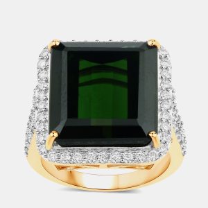 16.56 cts Green Tourmaline and Diamond 14K Yellow Gold Halo Ring US Size 7, Rings - Luxury Closet