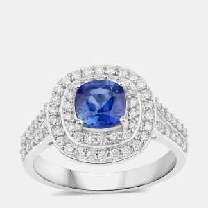 1.28 cts Blue Sapphire and Diamond 18K White Gold Halo Ring US Size 7, Rings - Luxury Closet