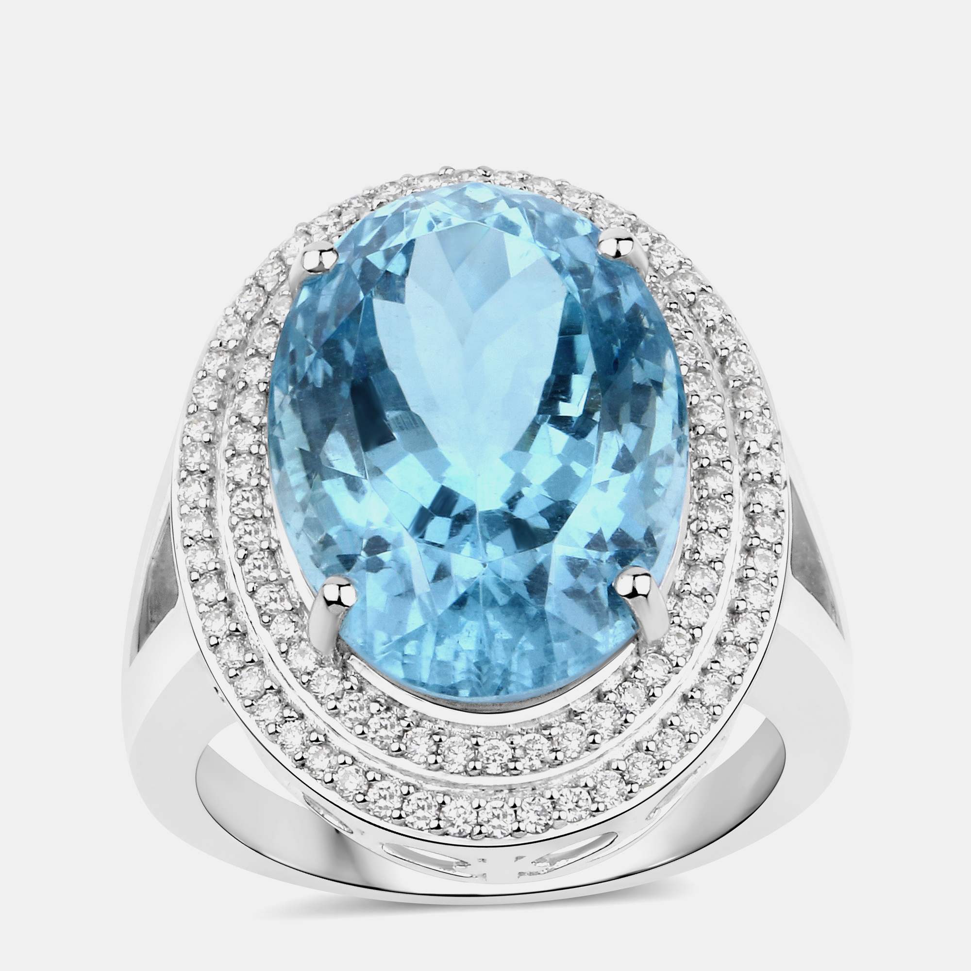 12.44 cts Aquamarine and Diamond 14K White Gold Halo Ring US Size 7, Rings - Luxury Closet