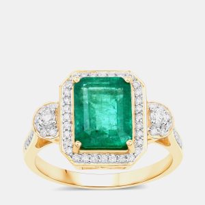 2.56 cts Zambian Emerald and Diamond 14K Yellow Gold Statement Ring US Size 7, Rings - Luxury Closet