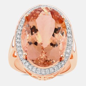 14.67 cts Morganite and Diamond 14K Rose Gold Halo Ring US Size 7, Rings - Luxury Closet