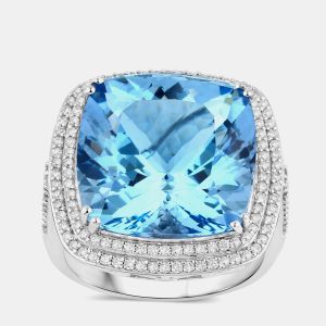 12.80 cts Aquamarine and Diamond 14K White Gold Halo Ring US Size 7, Rings - Luxury Closet