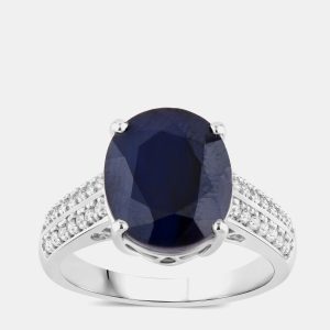 6.21 cts Blue Sapphire and Diamond 14K White Gold Bridge Ring US Size 7, Rings - Luxury Closet