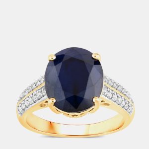 6.21 cts Blue Sapphire and Diamond 14K Yellow Gold Bridge Ring US Size 7, Rings - Luxury Closet