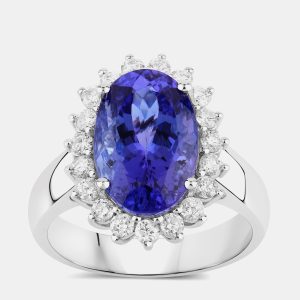 5.35 cts Tanzanite and Diamond 14K White Gold Halo Ring US Size 7, Rings - Luxury Closet