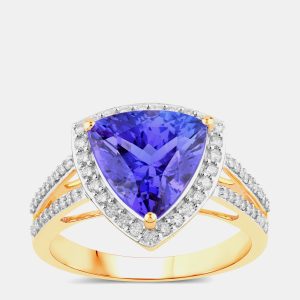 3.72 cts Trillion Tanzanite and Round Diamond 14K Yellow Gold Halo Ring US Size 7, Rings - Luxury Closet
