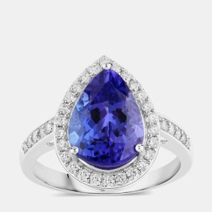 4.06 cts Tanzanite and Diamond 14K White Gold Halo Ring US Size 7, Rings - Luxury Closet