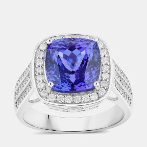 5.11 cts Tanzanite and Diamond 14K White Gold Halo Ring US Size 7, Rings - Luxury Closet
