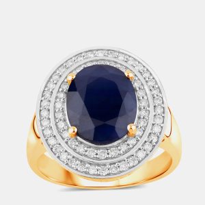 4.32 cts Blue Sapphire and Diamond 14K Yellow Gold Halo Ring US Size 7, Rings - Luxury Closet