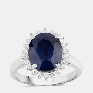 4.32 cts Blue Sapphire and Diamond 14K White Gold Halo Ring US Size 7, Rings - Luxury Closet