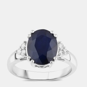 4.32 cts Blue Sapphire and Diamond 14K White Gold Cocktail Ring US Size 7, Rings - Luxury Closet