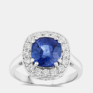 3.35 cts Ceylon Blue Sapphire and Diamond 18K White Gold Halo Ring US Size 7, Rings - Luxury Closet